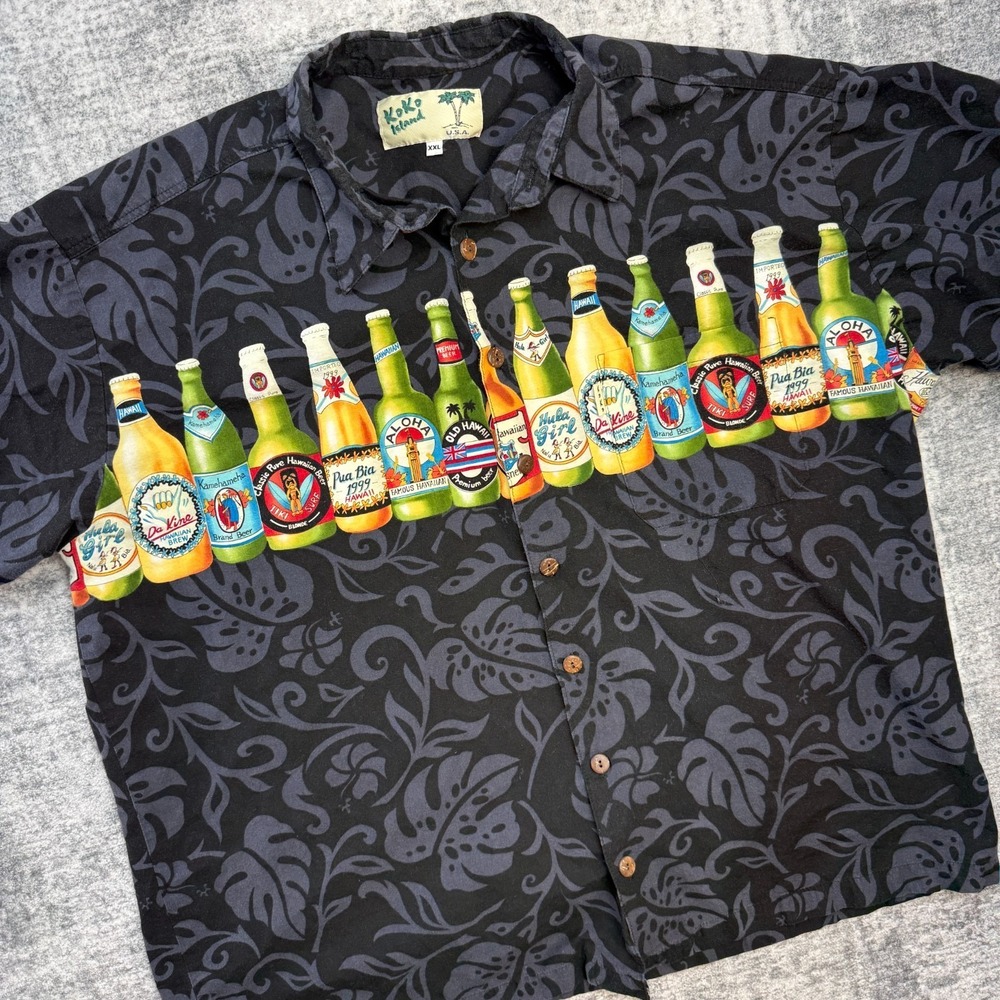VTG KoKo Island Hawaiian Shirt Mens 2XL Black Floral‎ Beer Cocktails Party Aloha
